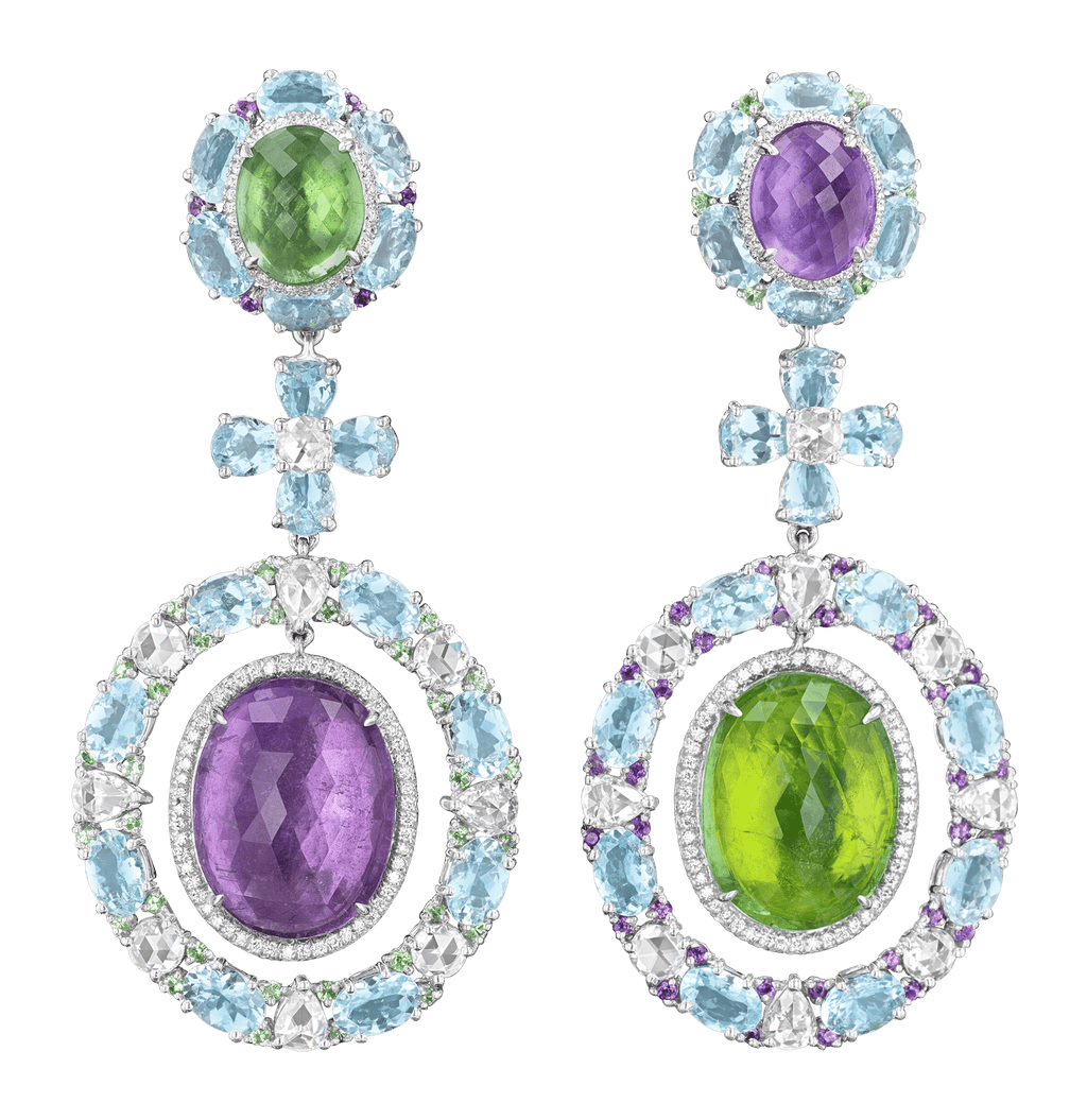 Tourmaline, Aquamarine, Amethyst and Tsavorite Garnet Earrings