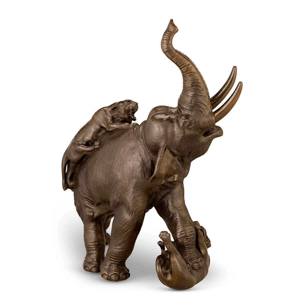 Japanese Bronze Elephant and Tigers by Genryusai Seiya