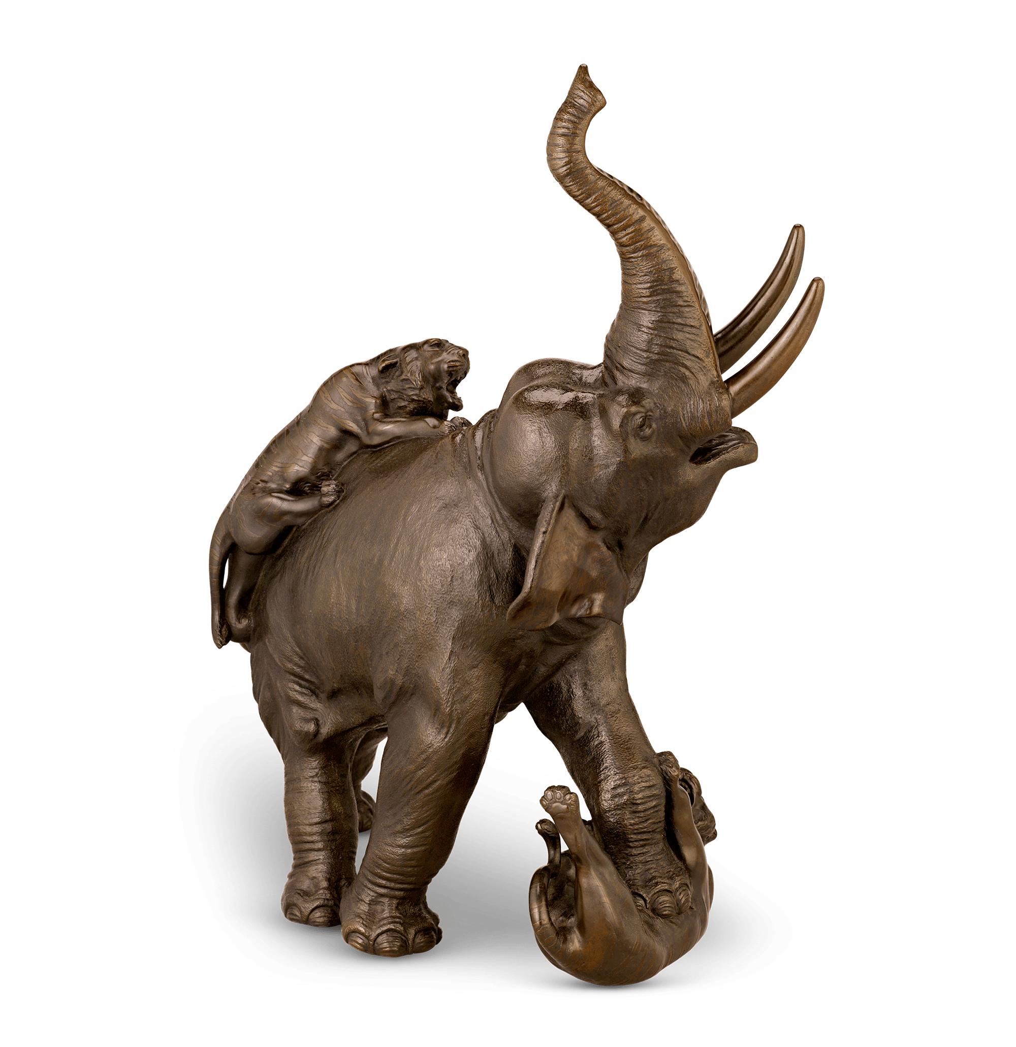 Japanese Bronze Elephant and Tigers by Genryusai Seiya
