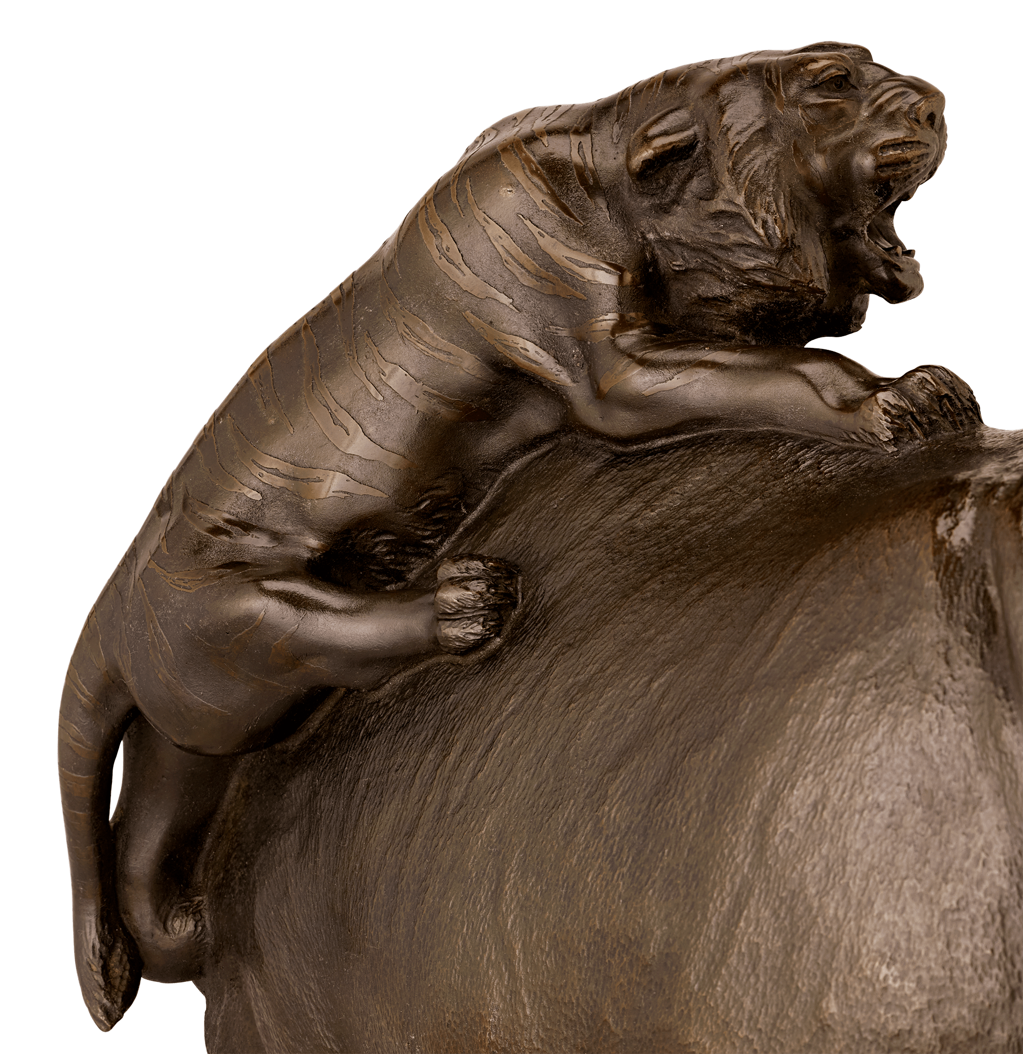 Japanese Bronze Elephant and Tigers by Genryusai Seiya