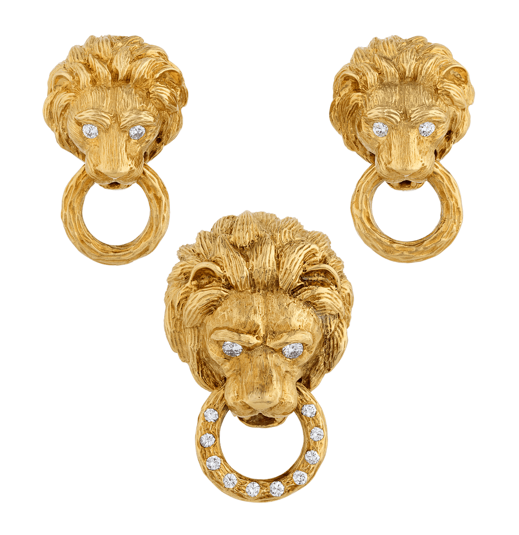 Van Cleef & Arpels Lion Earrings and Brooch Set, 2.10 carats