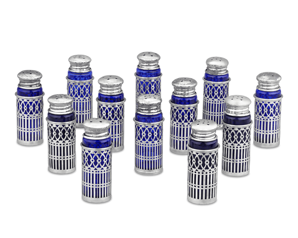 Set of 12 Silver Salt and Pepper Shakers with Cobalt Liners