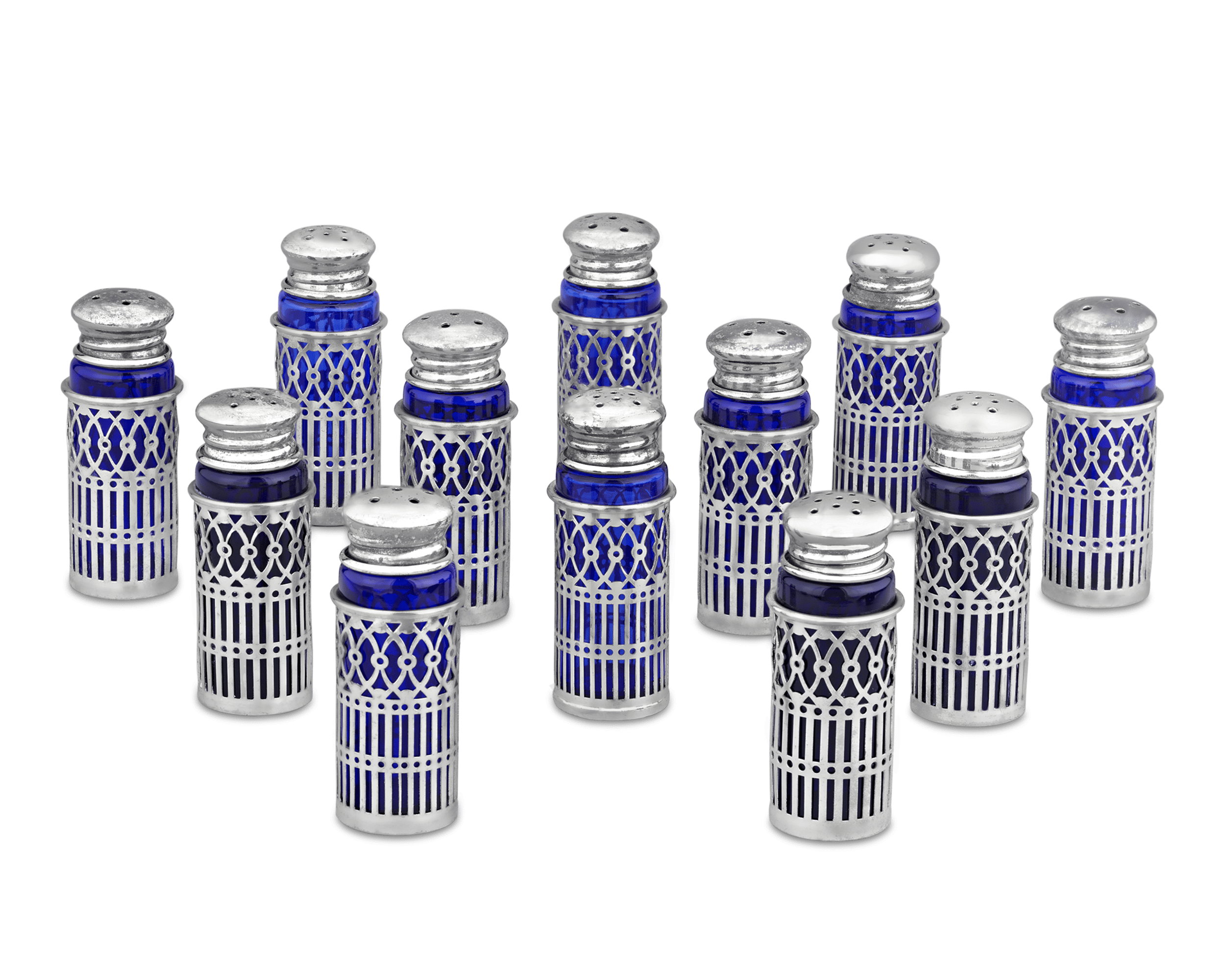 Set of 12 Silver Salt and Pepper Shakers with Cobalt Liners