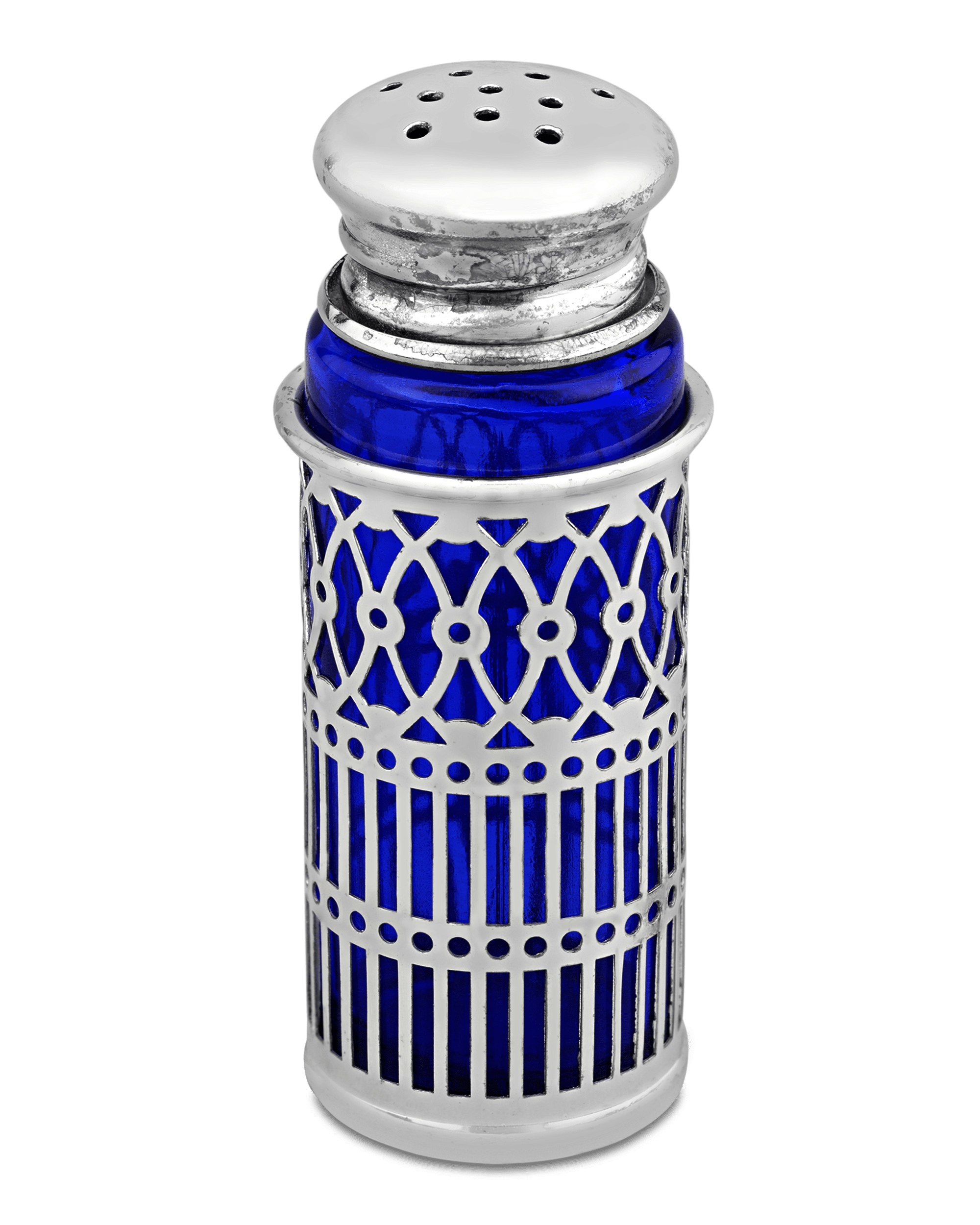 Set of 12 Silver Salt and Pepper Shakers with Cobalt Liners