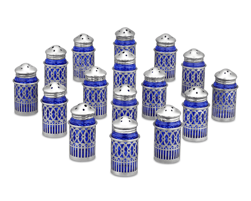 Set of 16 Silver Salt and Pepper Shakers with Cobalt Liners