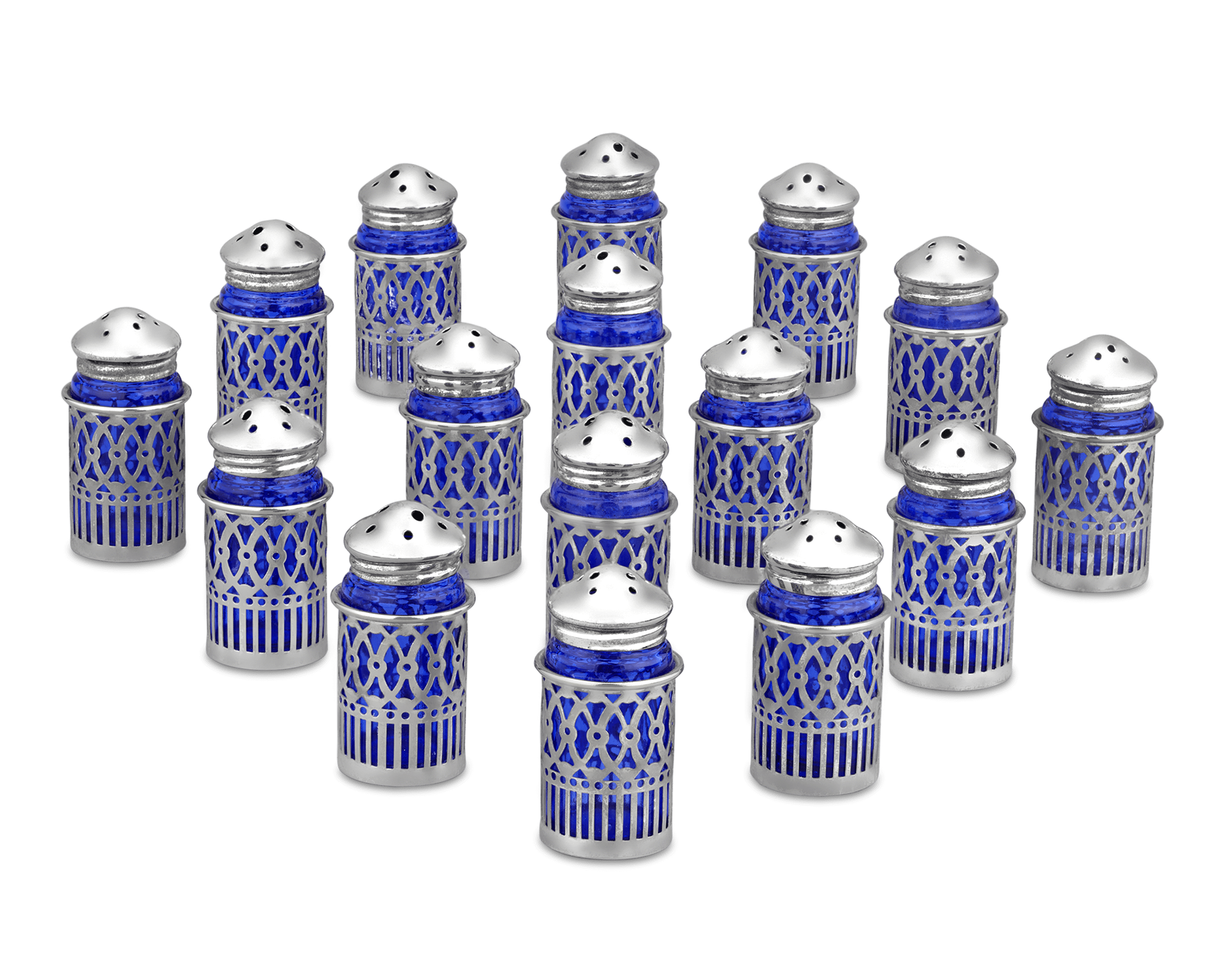 Set of 16 Silver Salt and Pepper Shakers with Cobalt Liners