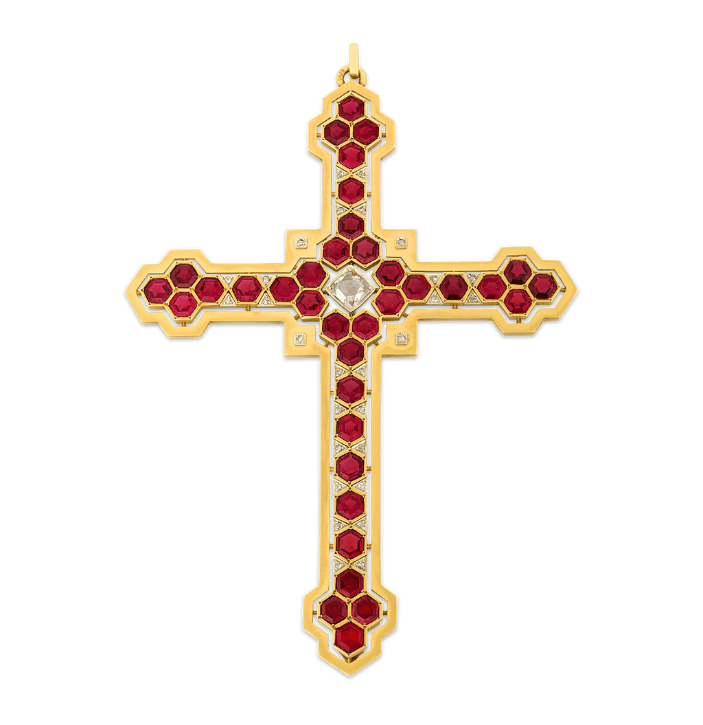 Mellerio Garnet, Diamond and Gold Cross Pendant