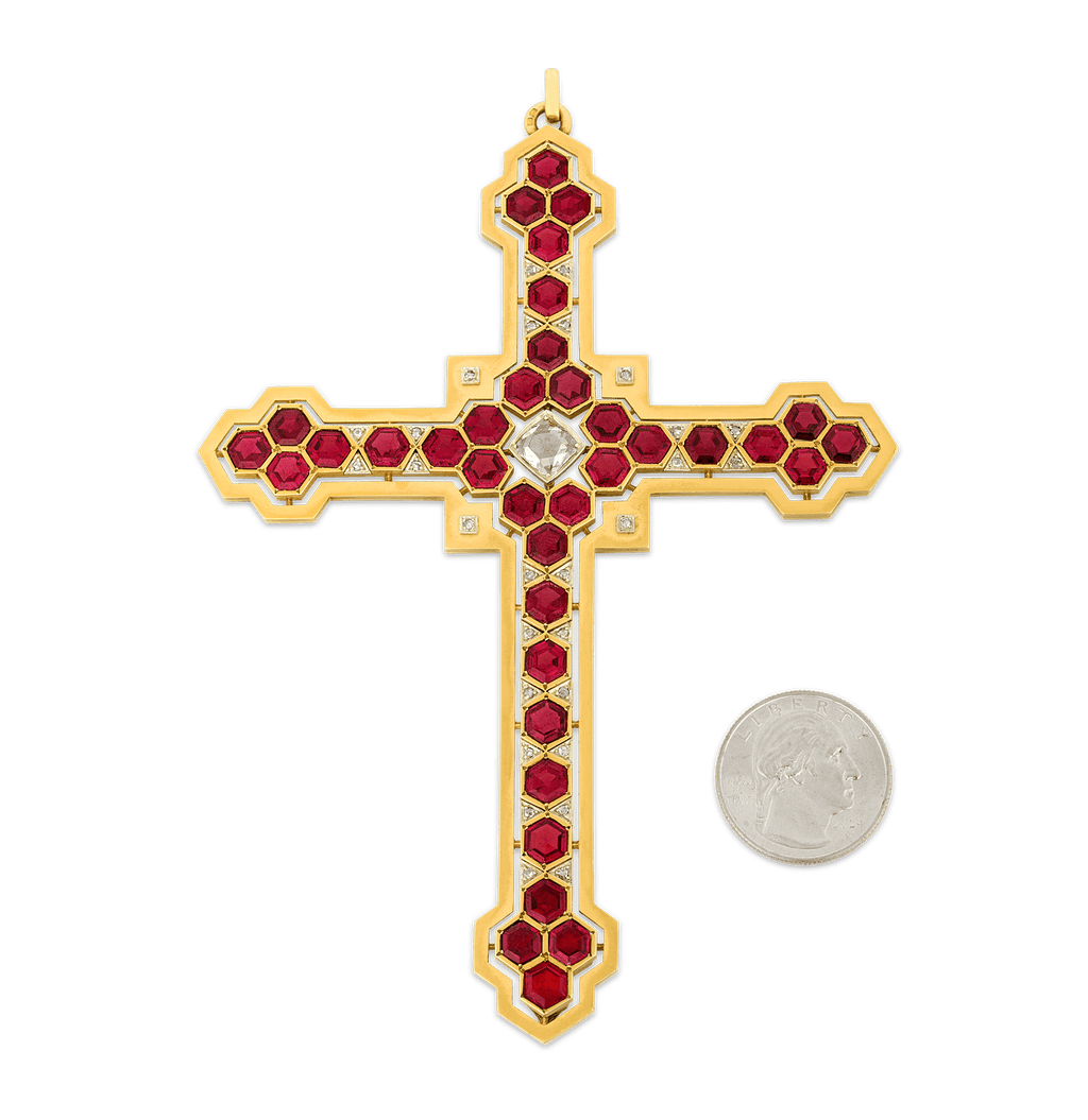 Mellerio Garnet, Diamond and Gold Cross Pendant