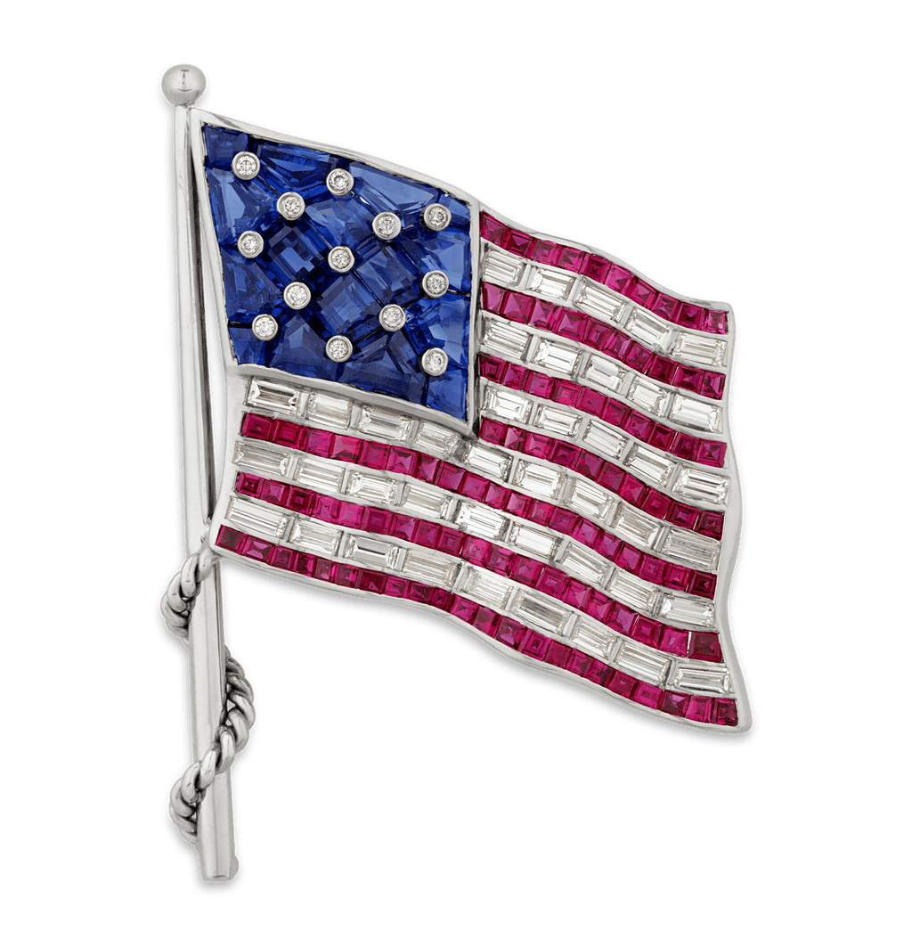 Oscar Heyman Ruby, Sapphire and Diamond American Flag Brooch