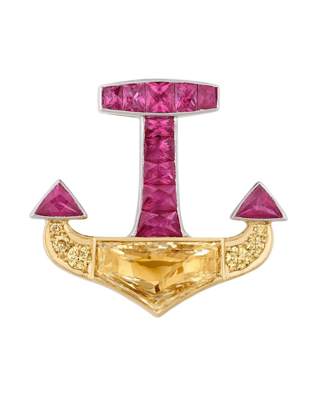 Ruby and Yellow Diamond Anchor Brooch