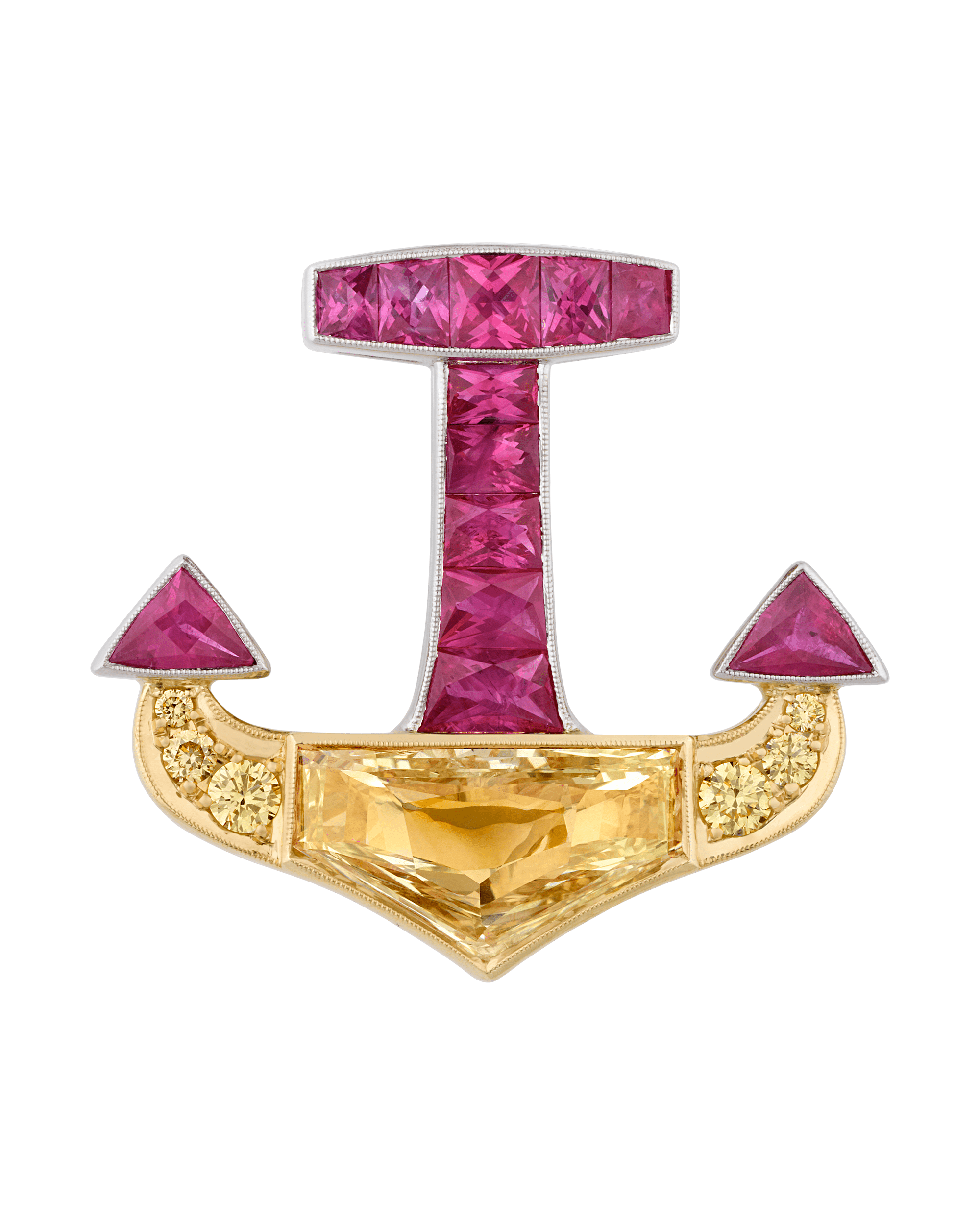 Ruby and Yellow Diamond Anchor Brooch