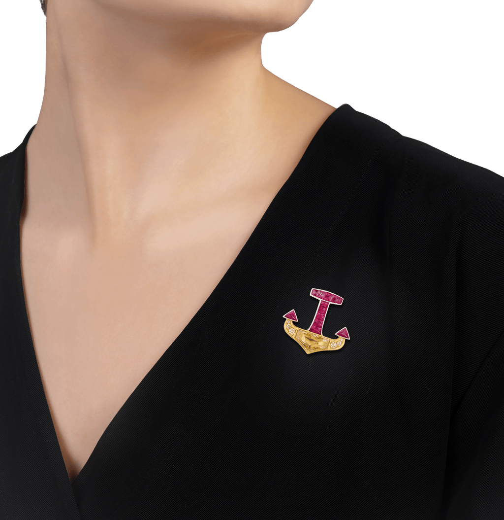 Ruby and Yellow Diamond Anchor Brooch