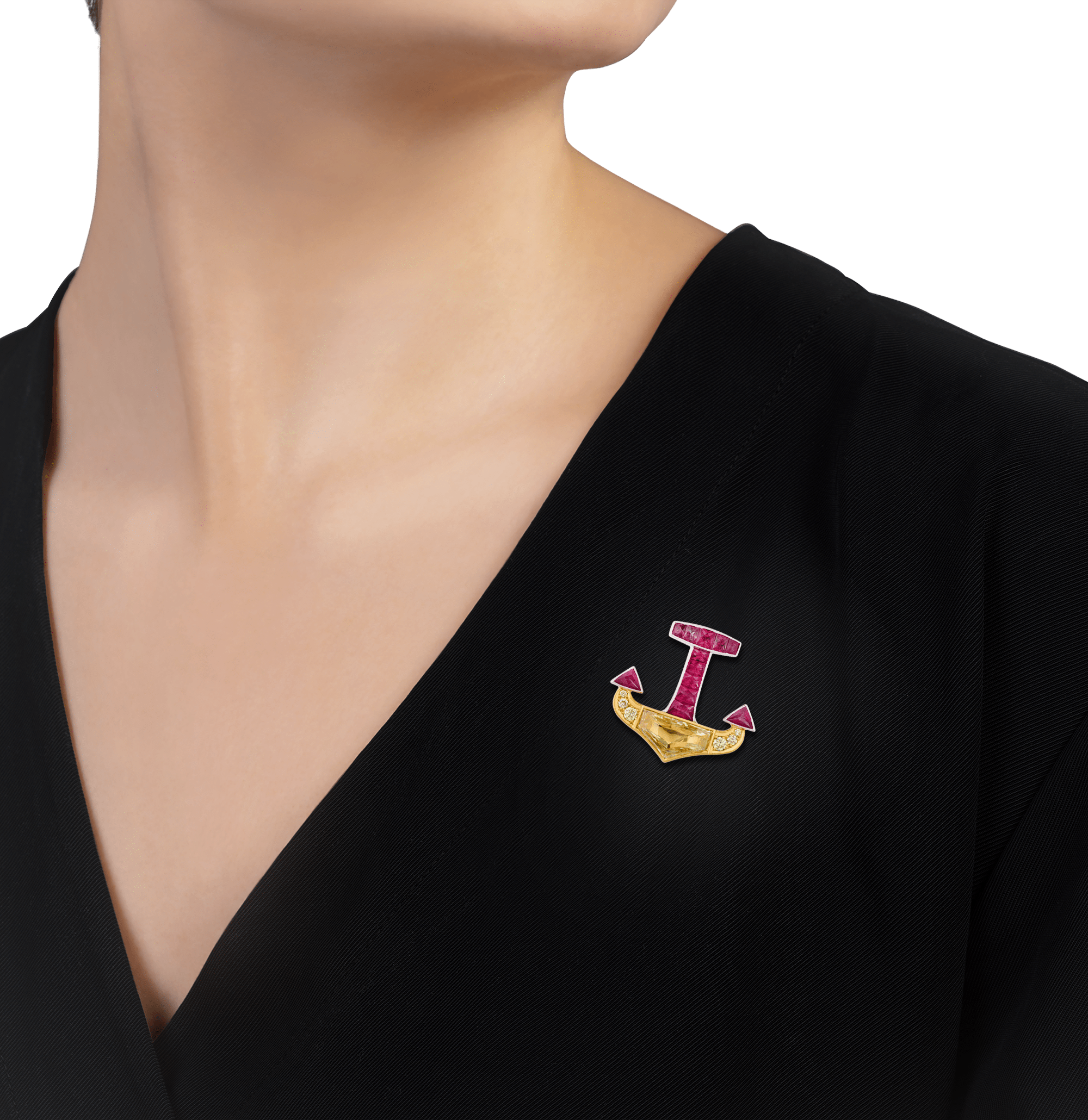 Ruby and Yellow Diamond Anchor Brooch