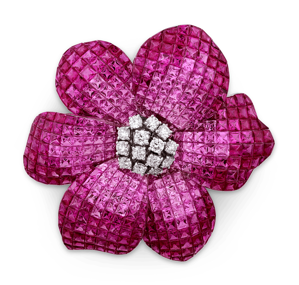 Pink Sapphire and Ruby Flower Brooch, 76.88 Carats