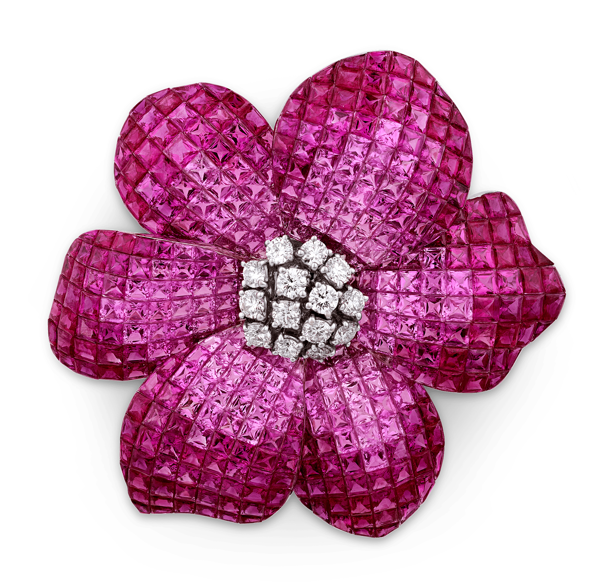 Pink Sapphire and Ruby Flower Brooch, 76.88 Carats