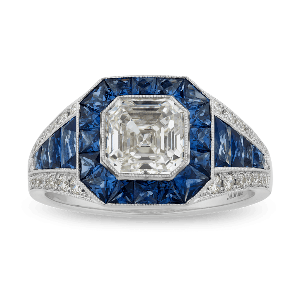 Art Deco-Style Asscher Cut Diamond and Sapphire Ring, 1.52 Carats