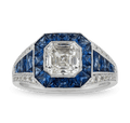Art Deco-Style Asscher Cut Diamond and Sapphire Ring, 1.52 Carats