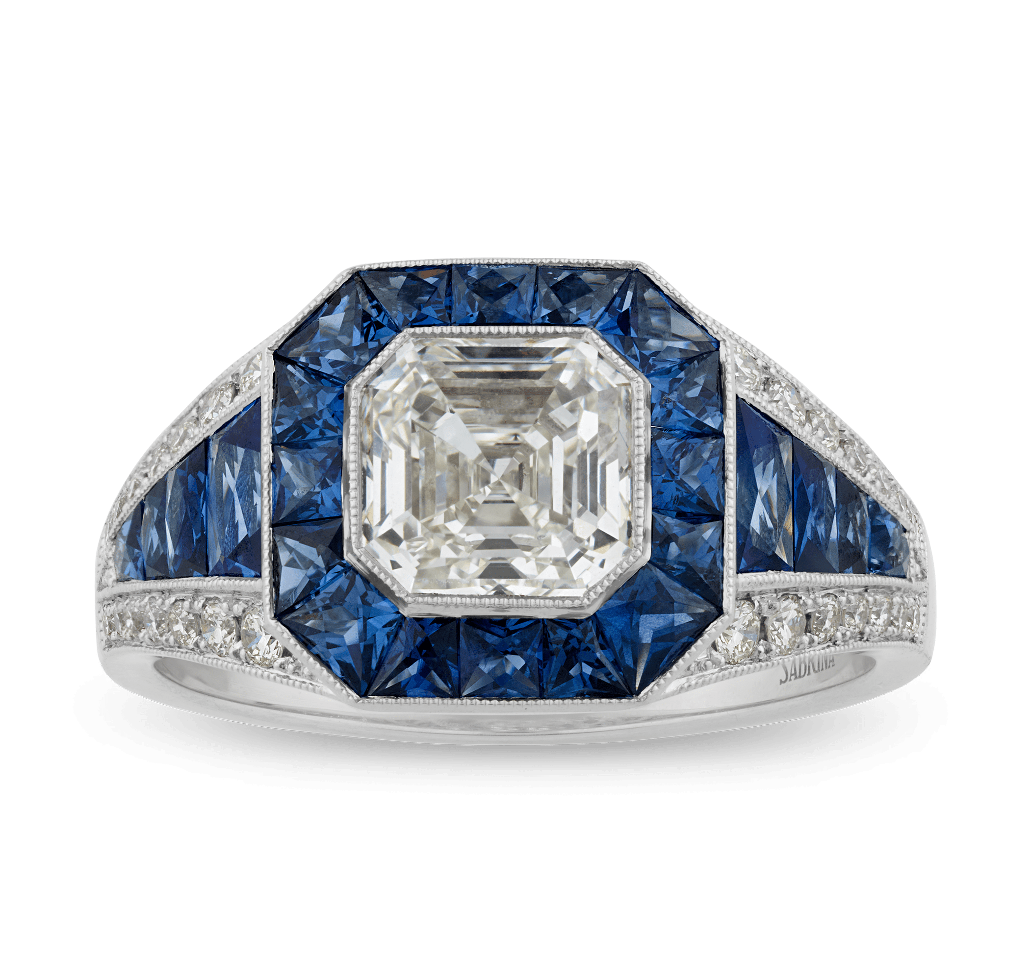 Art Deco-Style Asscher Cut Diamond and Sapphire Ring, 1.52 Carats