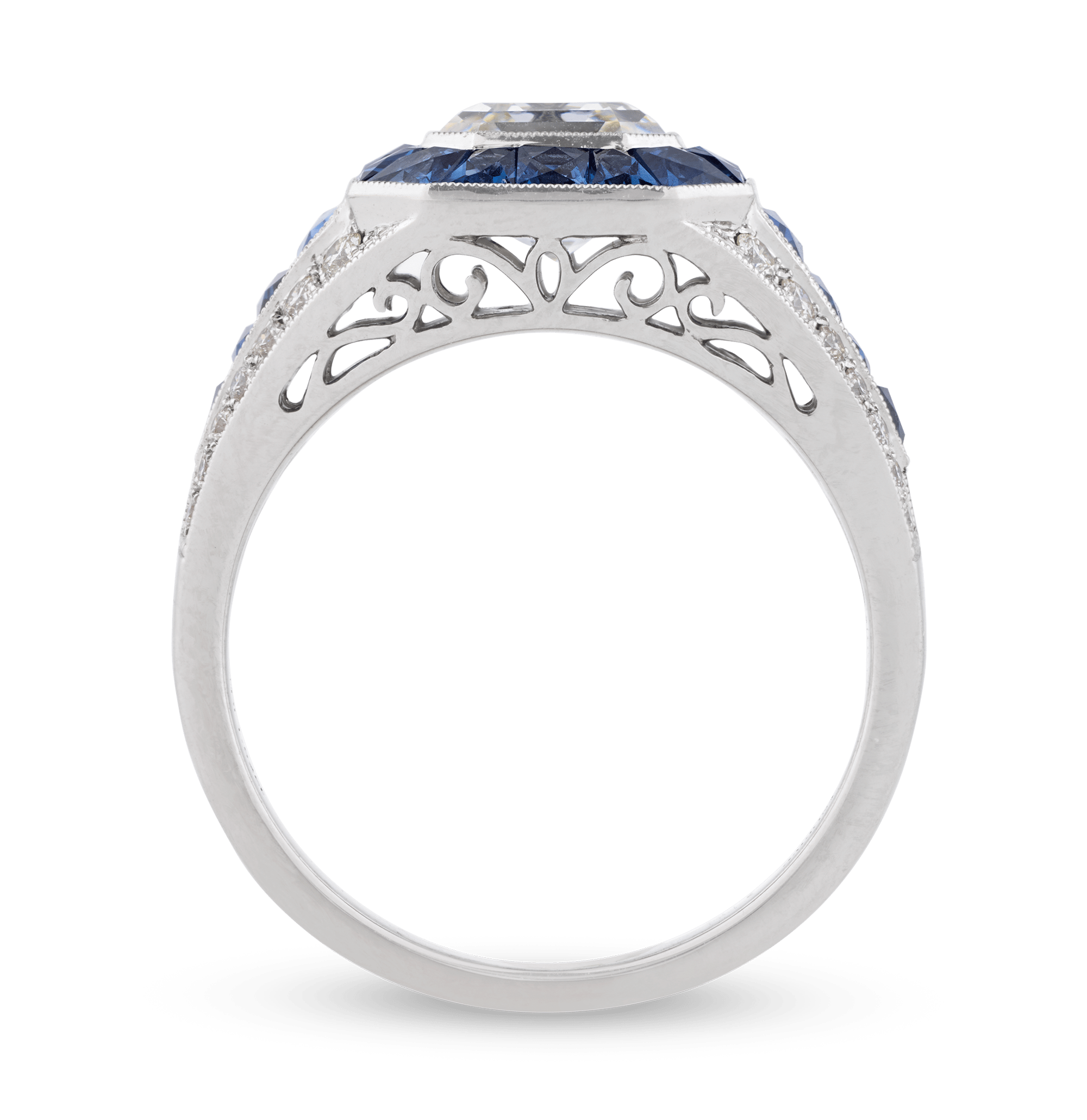Art Deco-Style Asscher Cut Diamond and Sapphire Ring, 1.52 Carats