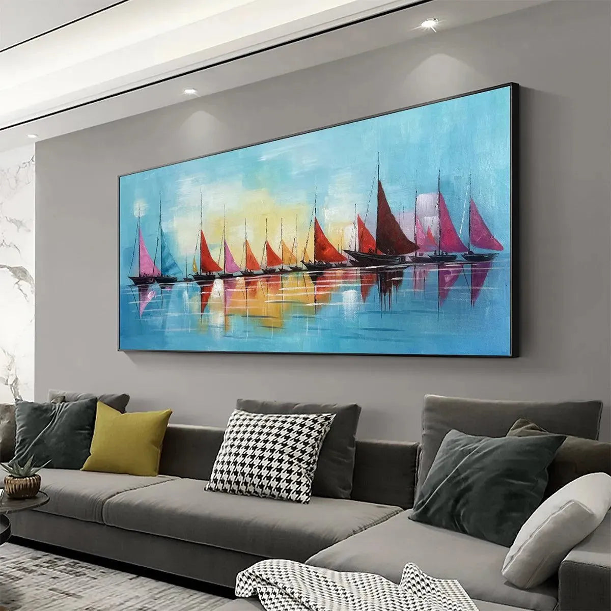 REGATTA: Colorful Sailboats Painting, Blue and Orange Wall Art, Horizontal Canvas, Coastal Decor