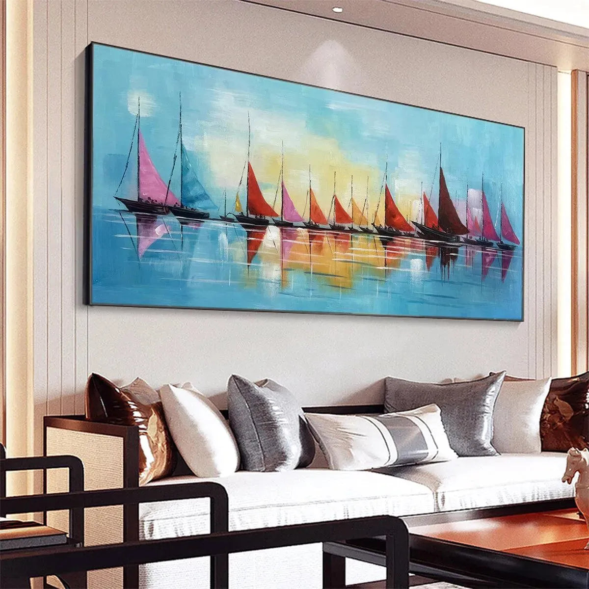 REGATTA: Colorful Sailboats Painting, Blue and Orange Wall Art, Horizontal Canvas, Coastal Decor
