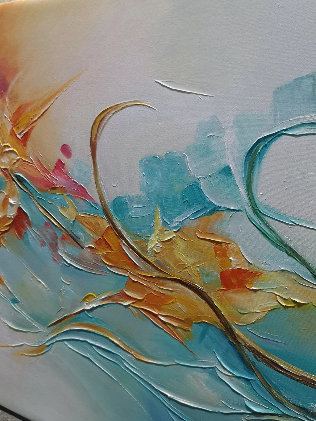 SERENE DAWN: Panoramic Abstract Teal and Gold Oil Painting