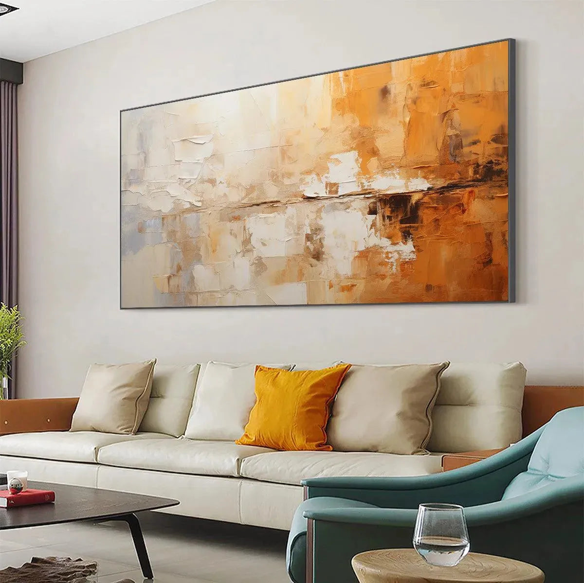 DESERT DUSK: Panoramic Abstract Painting in Orange and Beige, Textured Canvas, Modern Wall Art