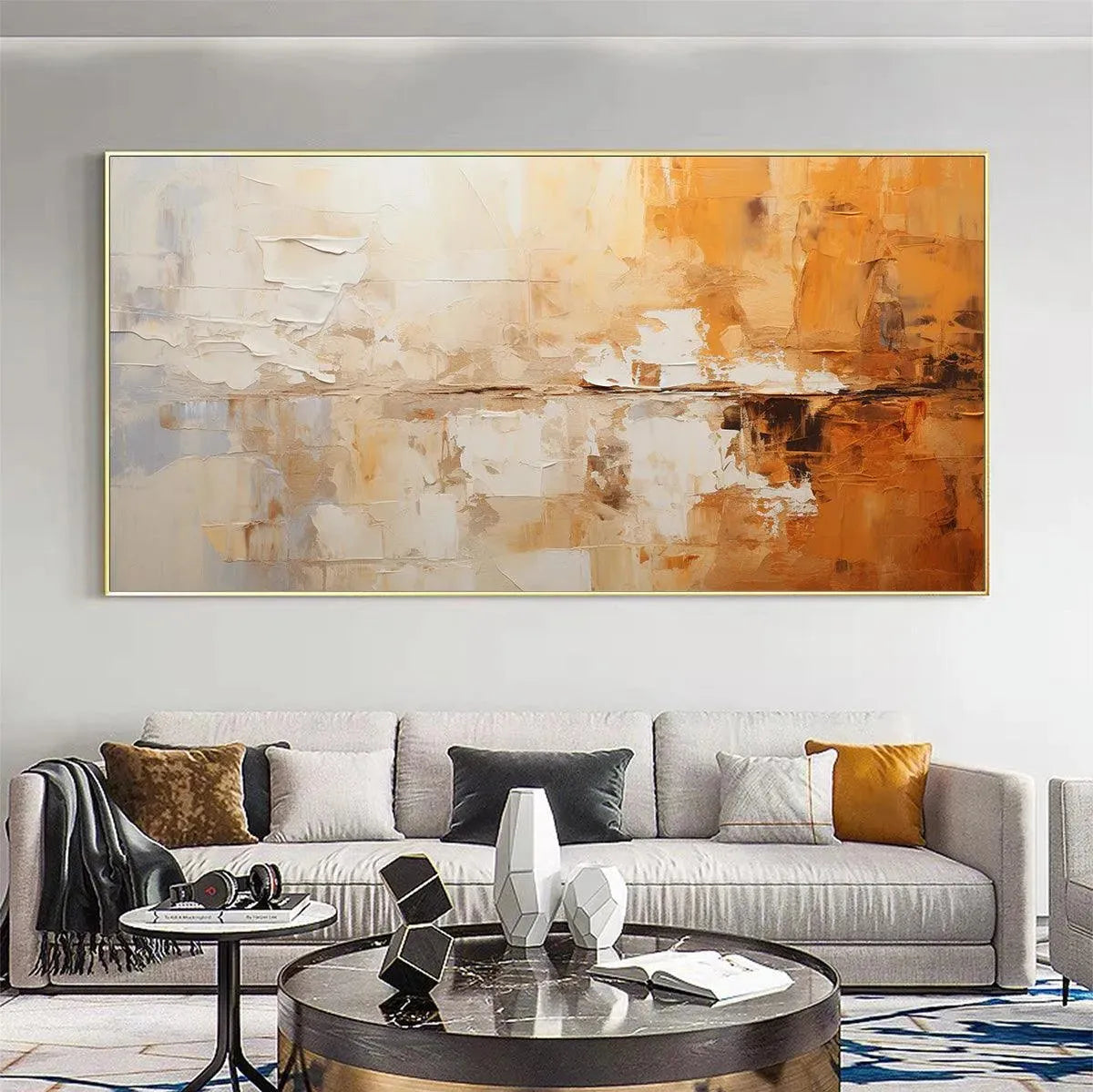 DESERT DUSK: Panoramic Abstract Painting in Orange and Beige, Textured Canvas, Modern Wall Art
