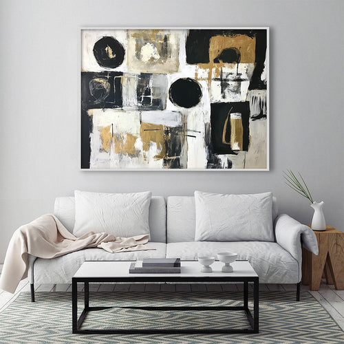 ALCHEMY GRID: Textured Abstract Painting in Black, White & Gold