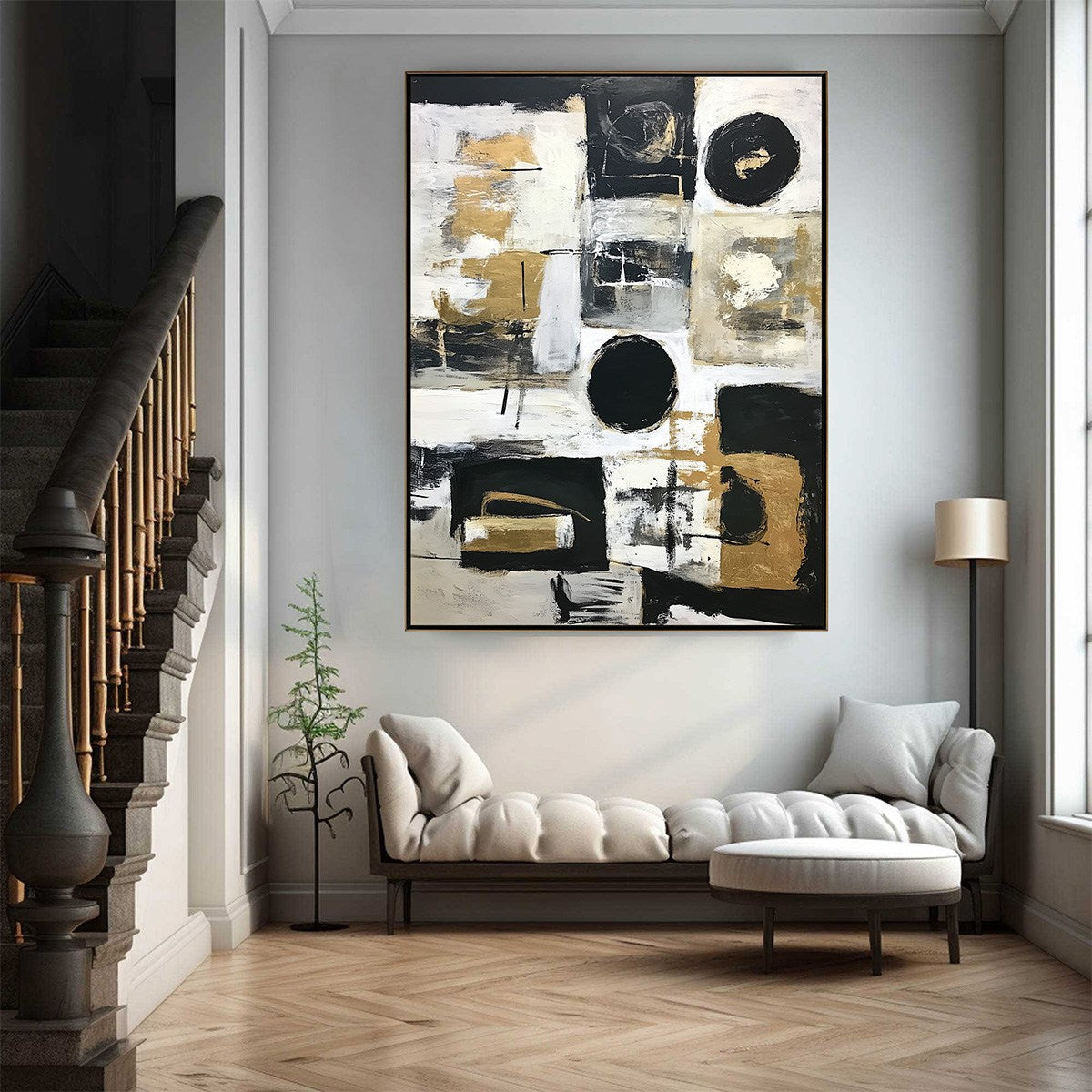 ALCHEMY GRID: Textured Abstract Painting in Black, White & Gold