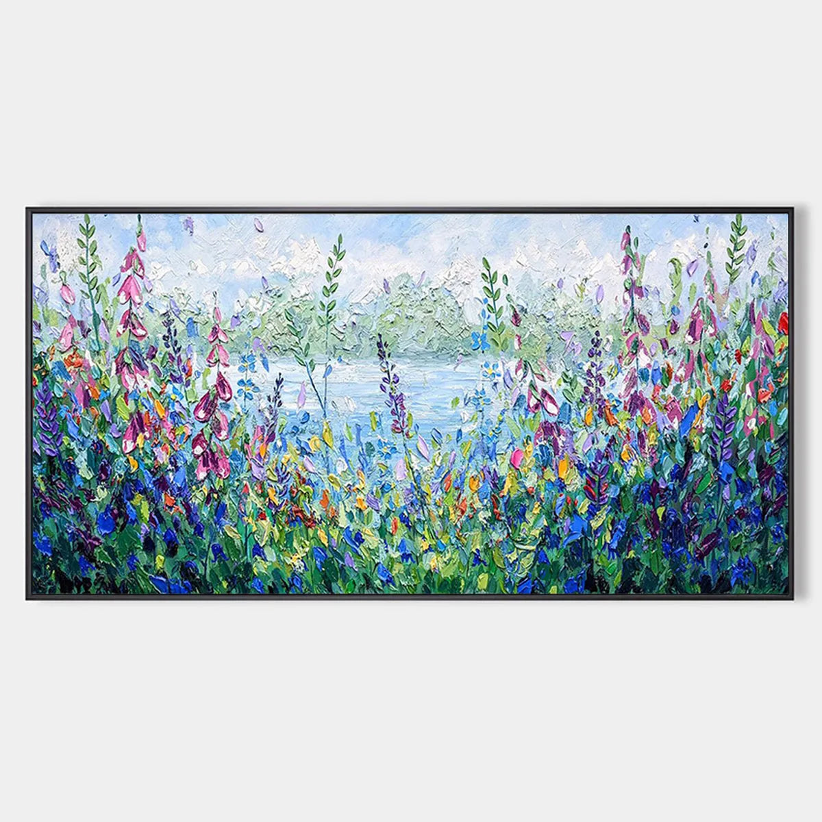 ALPINE MEADOW: Impasto Landscape Oil Painting with Wildflowers and Lake View
