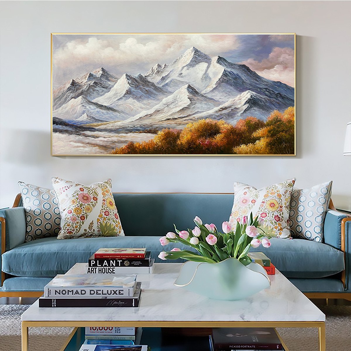 AUTUMN MAJESTY: Panoramic Mountain Landscape Oil Painting with Autumn Foliage
