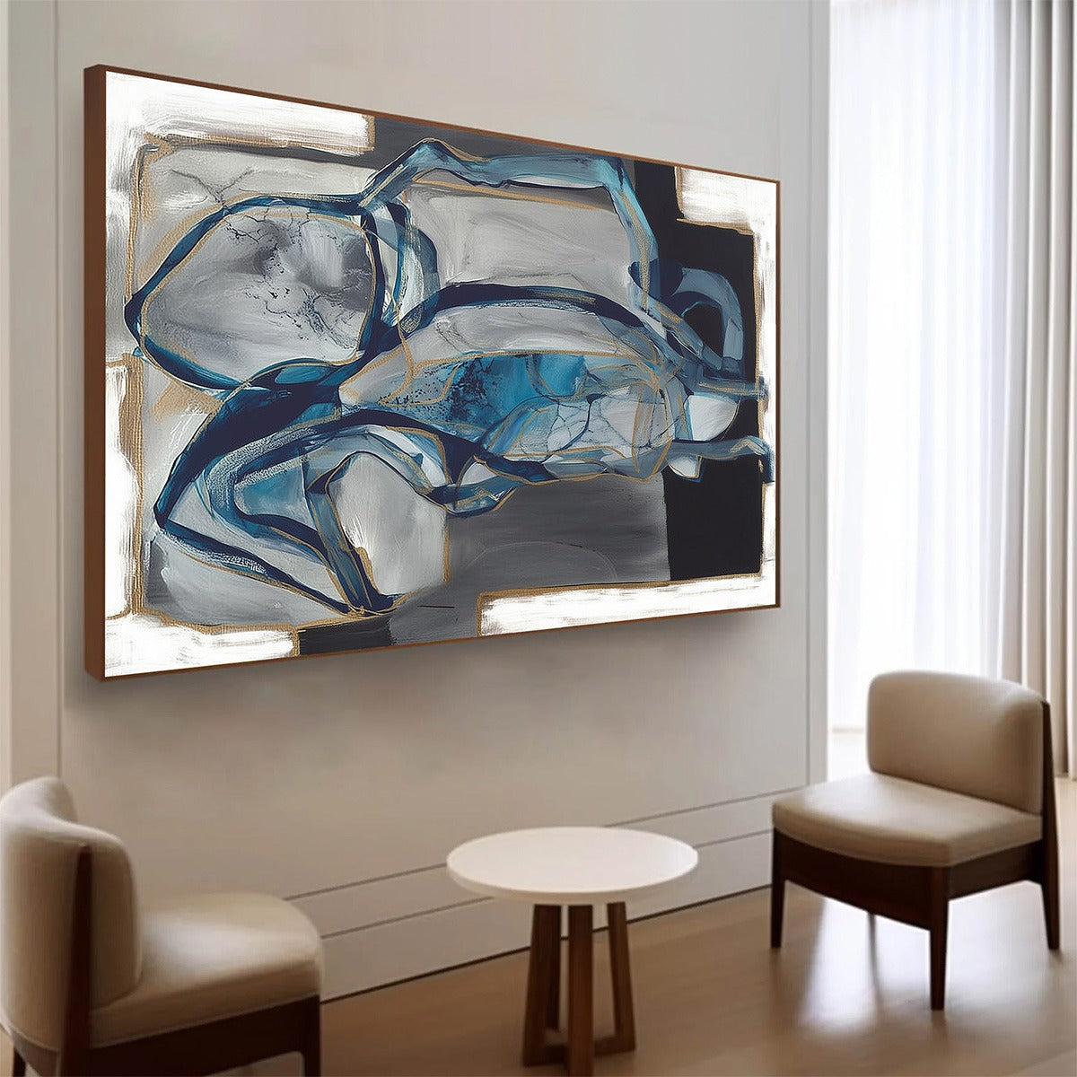 AZURE DEPTHS: Abstract Blue and Gold Oil Painting
