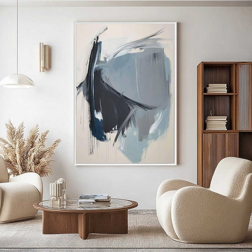 AZURE DEPTHS: Abstract Minimalist Blue and Grey Oil Painting