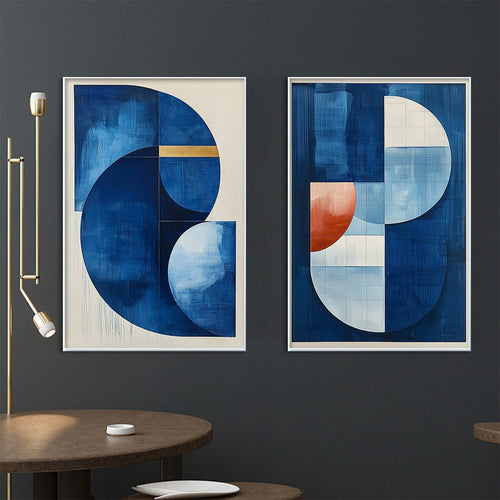 AZURE DEPTHS: Minimalist Blue and Gold Abstract Oil Painting