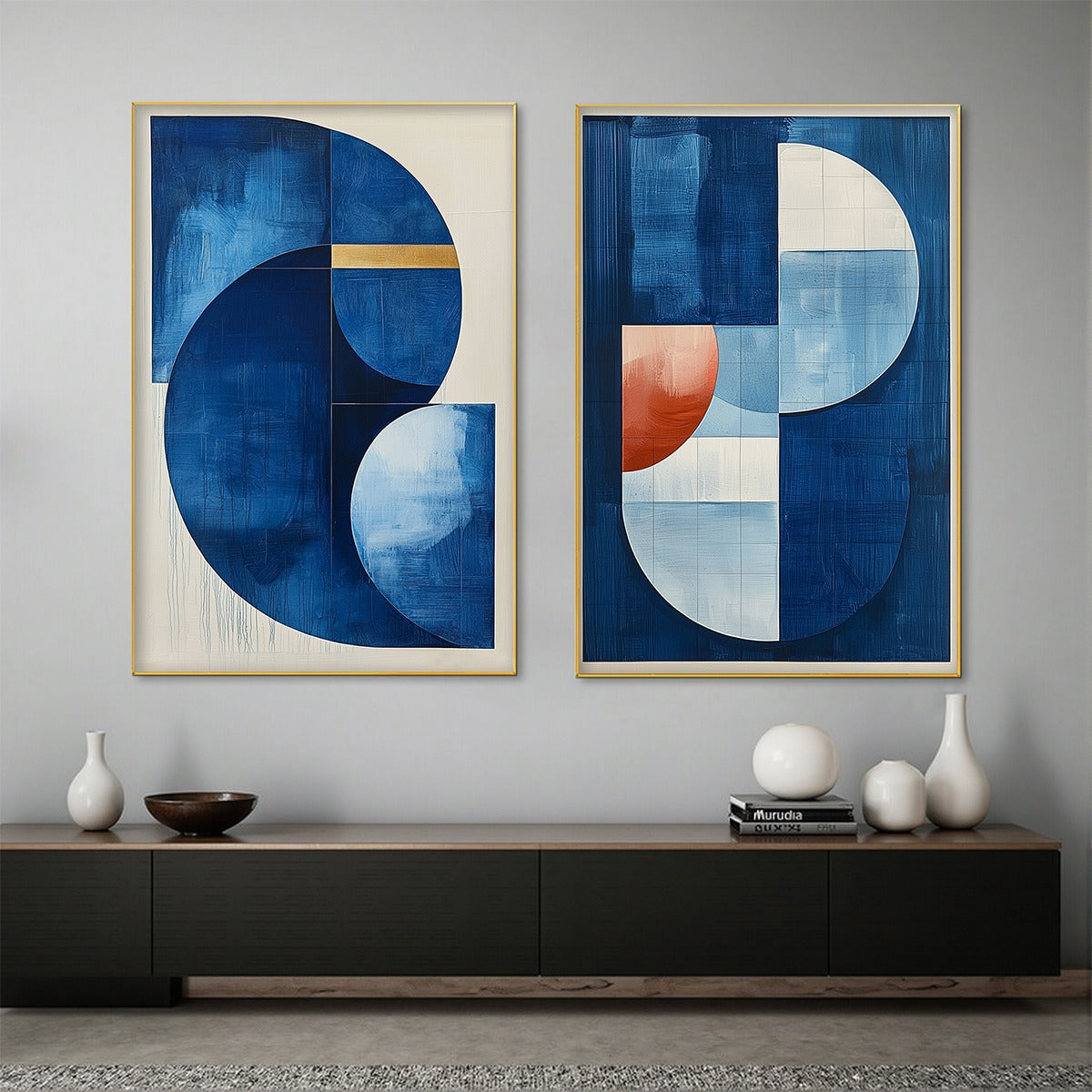 AZURE DEPTHS: Minimalist Blue and Gold Abstract Oil Painting