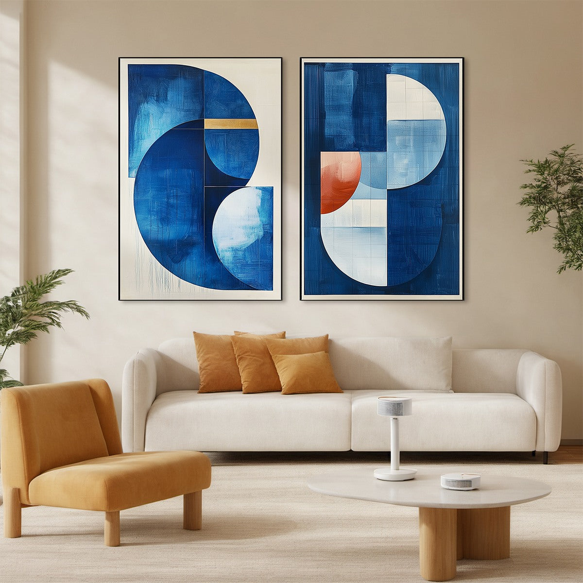 AZURE DEPTHS: Minimalist Blue and Gold Abstract Oil Painting