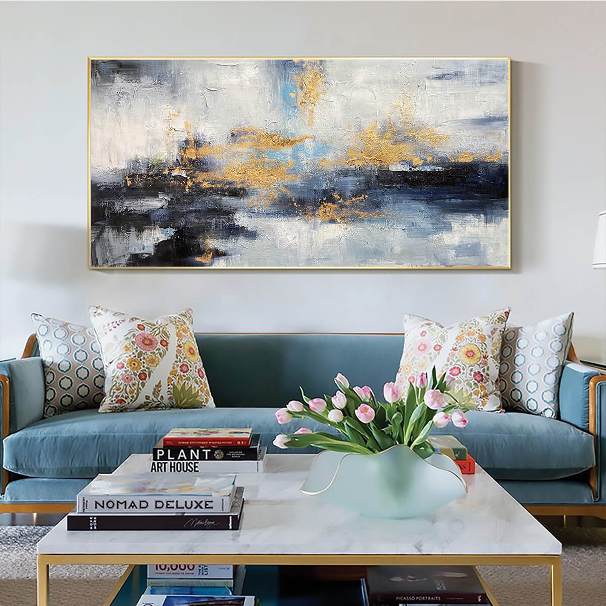 AZURE DREAM: Abstract Blue and Gold Oil Painting