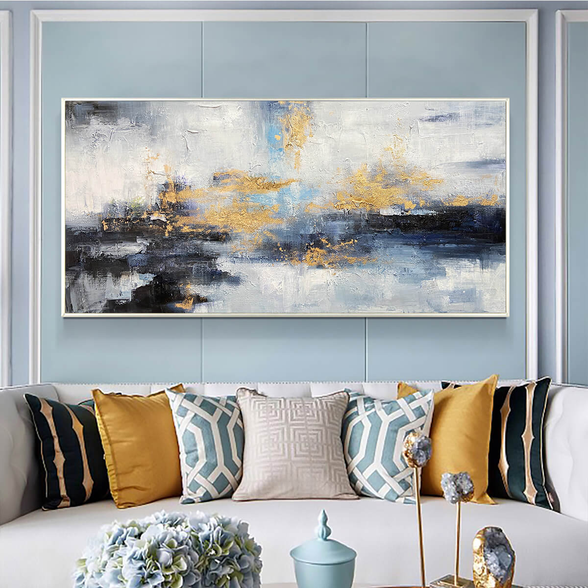 AZURE DREAM: Abstract Blue and Gold Oil Painting