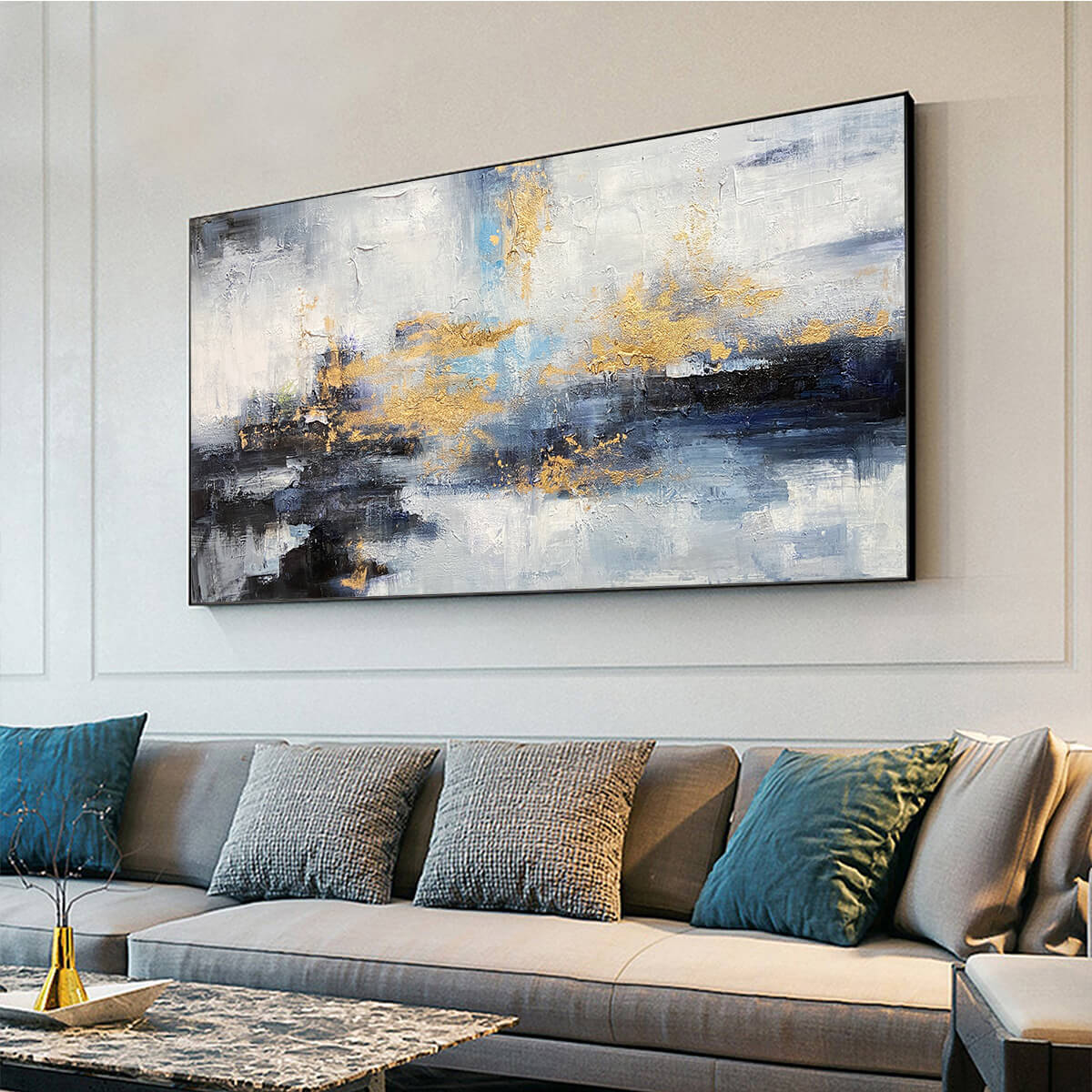 AZURE DREAM: Abstract Blue and Gold Oil Painting