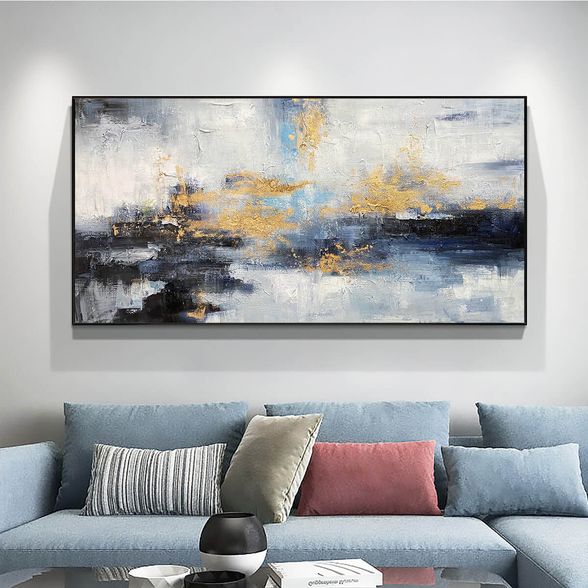 AZURE DREAM: Abstract Blue and Gold Oil Painting