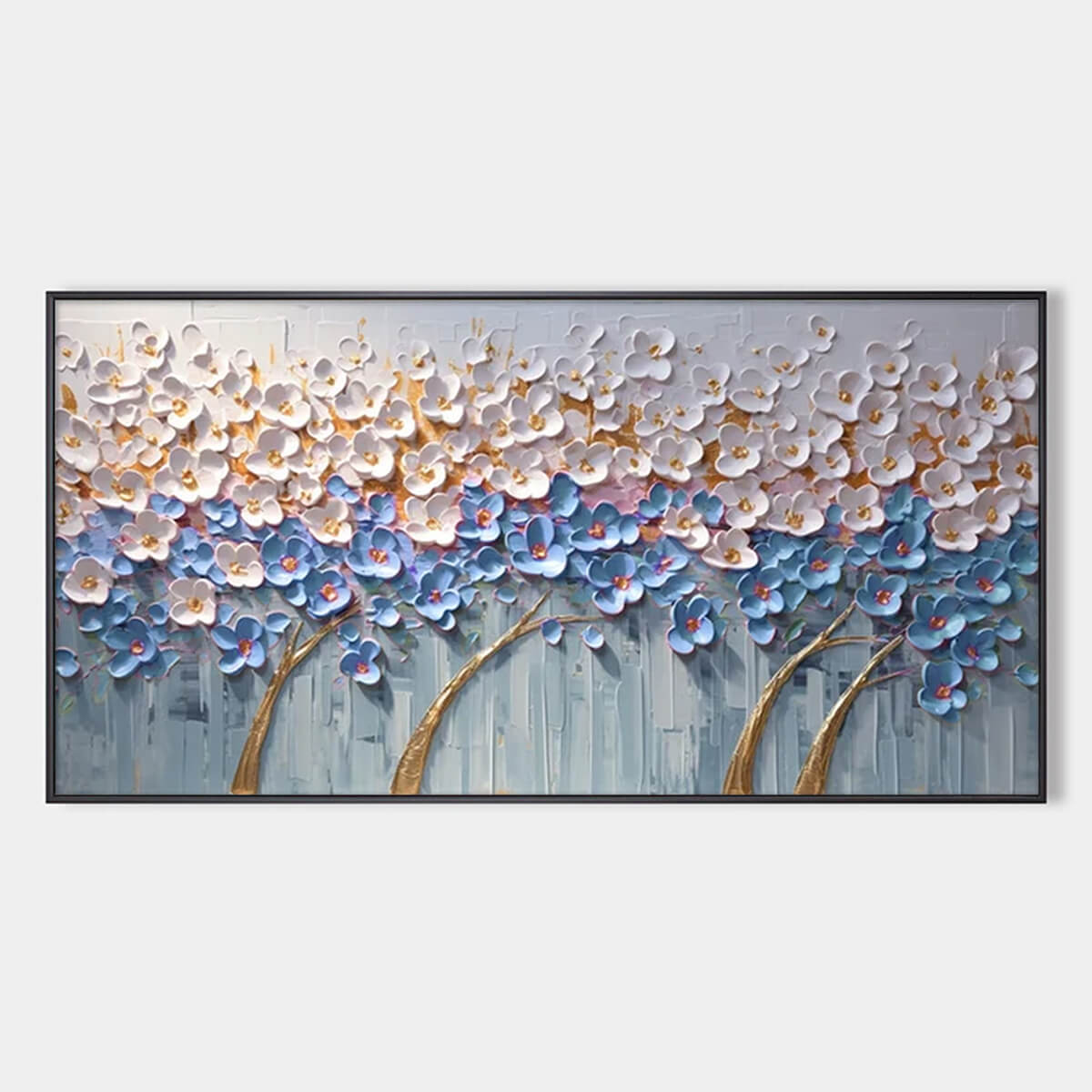 AZURE DREAM: Textured Floral Landscape Oil Painting in Blue, White, and Gold