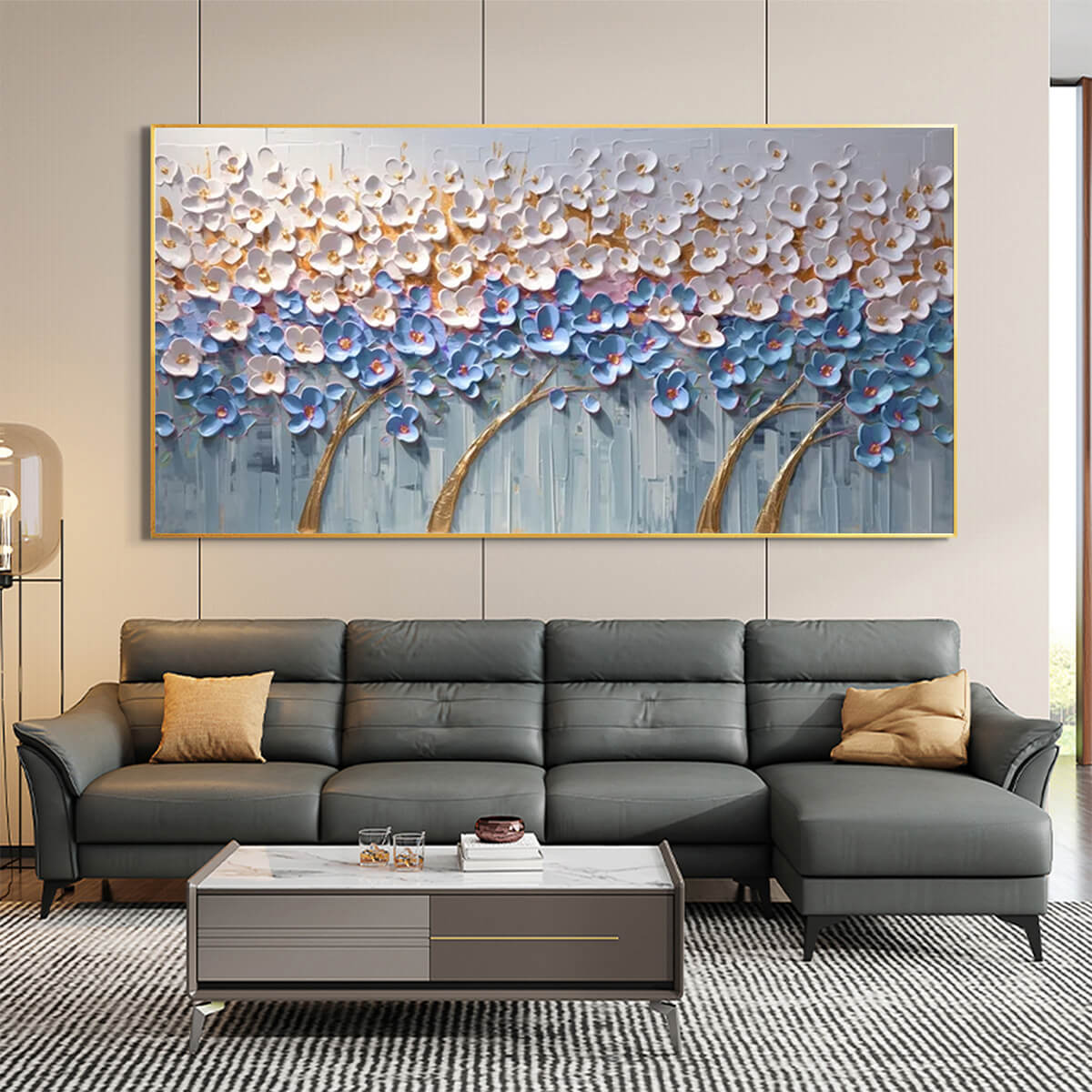 AZURE DREAM: Textured Floral Landscape Oil Painting in Blue, White, and Gold