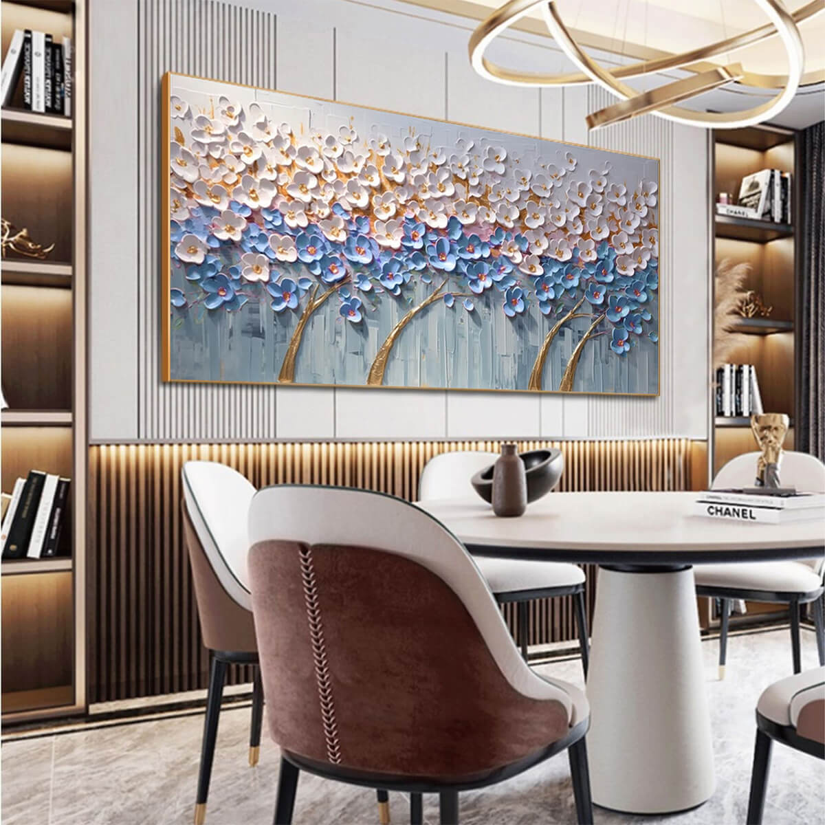 AZURE DREAM: Textured Floral Landscape Oil Painting in Blue, White, and Gold