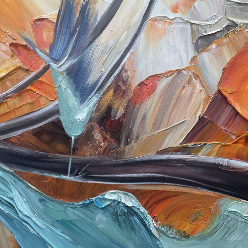AZURE FLIGHT: Textured Abstract Oil Painting with Birds in Flight