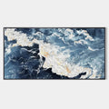 AZURE WHISPERS: Panoramic Abstract Ocean Painting in Blue and Gold