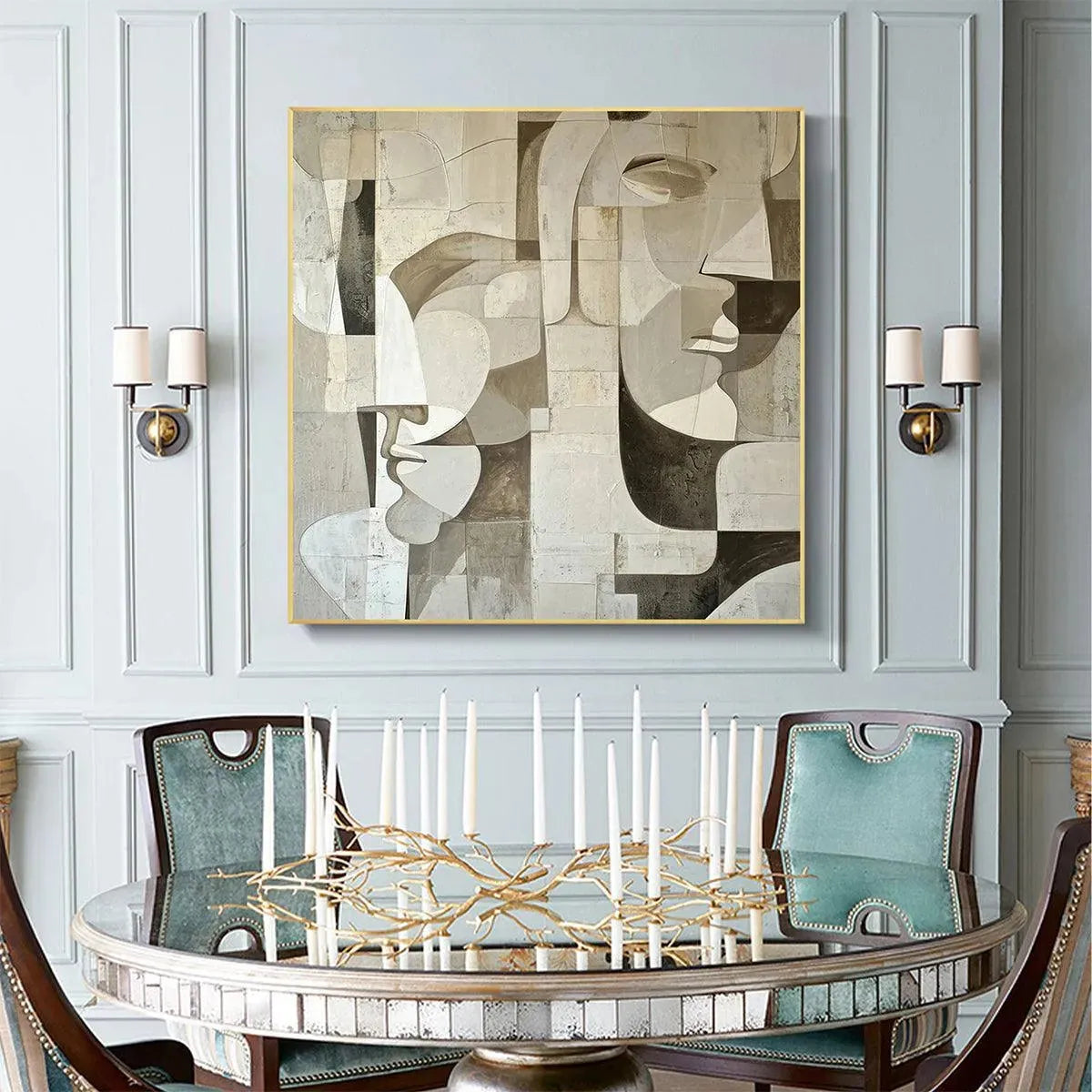 ABSTRACT FACES: Cubist Painting, Neutral Tones Wall Art, Square Canvas Art, Modern Decor