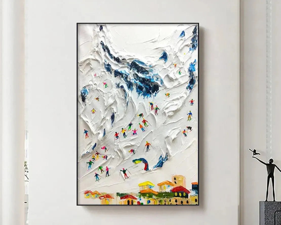 ALPINE SKI DAY: Textured Ski Scene Painting, Vertical Wall Art