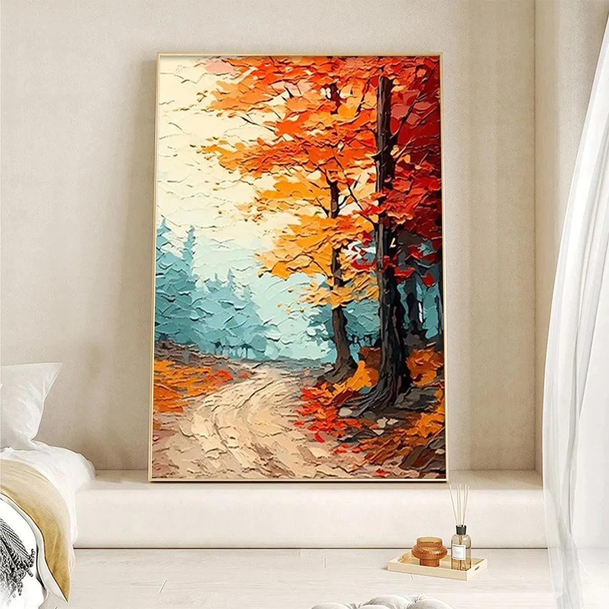 AUTUMN PATH: Textured Forest Path Painting, Orange and Blue Wall Art, Vertical Canvas, Impasto Decor