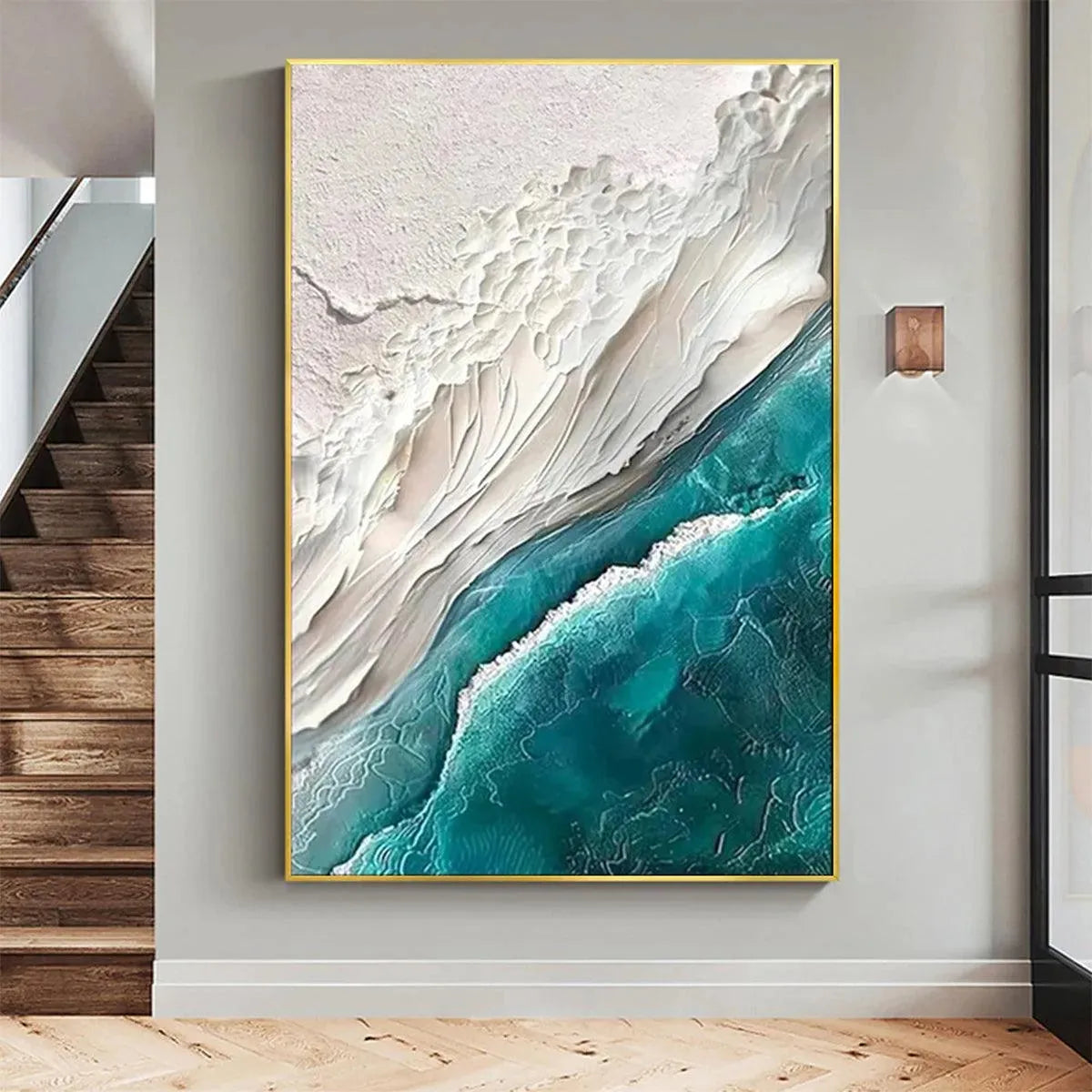 AZURE DREAM: Textured Abstract Seascape, Teal and White Wall Art, Vertical Canvas, Coastal Decor